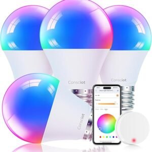 Consciot Bombillas inteligentes con control remoto, bombilla LED compatible con Alexa y Google Home A19 E26 2.4Ghz WiFi bombillas 60 vatios equivalentes a 800 lm regulables, paquete de 4 unidades