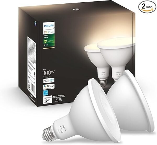 Philips Hue Bombilla LED blSobre este artículo Cuenta con luz blanca brillante con atenuación inalámbrica instantánea Control de voz con Alexa, Apple Home y Google Assistant Se requiere Hue Bridge para su uso (se vende por separado)anca PAR38 equivalente a 100 W, impermeable, regulable, inteligente, inalámbrica (paquete de 2)