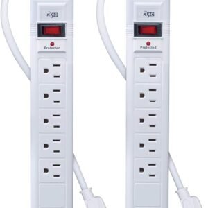 KMC Regleta protectora de sobretensiones de 6 tomas, paquete de 2, 1200 julios, cable de 6 pies, adaptador de salida espaciada, protección contra sobrecarga, color blanco