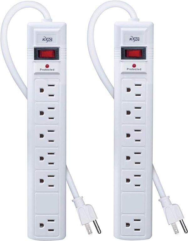 KMC Regleta protectora de sobretensiones de 6 tomas, paquete de 2, 1200 julios, cable de 6 pies, adaptador de salida espaciada, protección contra sobrecarga, color blanco
