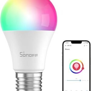 SONOFF B05-BL-A19 Bombilla inteligente RGB Wi-Fi 9 W color variable, 2700K - 6500K brillo temperatura de color ajustable, control remoto aplicación, funciona con Alexa y Google Assistant (1 paquete)