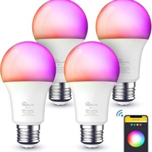 TREATLIFE Paquete de 4 bombillas inteligentes, sincronización de música de 2.4 GHz, bombilla que cambia de color, funciona con Alexa Google Home, bombilla LED regulable A19 E26 de 9 W 800 lúmenes