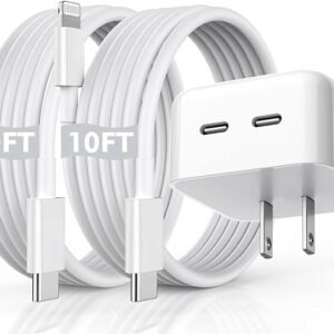 Cargador rápido para iPhone, cargador de pared doble USB-C PD de 40 W [certificado MFi], paquete de 2 unidades de carga rápida de 10 pies de largo, adaptador de viaje plegable tipo C a Lightning de doble puerto para iPhone 13/12/11/XR/XS/X/8/7/SE/iPad