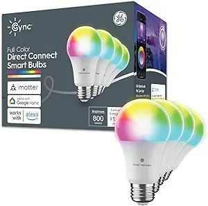 GE CYNC - Bombillas LED inteligentes, cambio de color y color, compatible con materia, compatible con Bluetooth y Wi-Fi, funciona con Alexa y Google Home, bombillas A19 (paquete de 4)