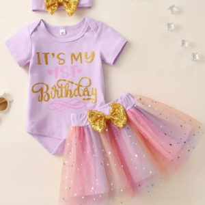3pcs Baby Girls Cute "It's My 1st Birthday" Graphic Short Sleeve Onesie Romper & Mesh Bowknot Skirt & Headband Set, Party Birthday Gifts, Kids Cotton Clothes
