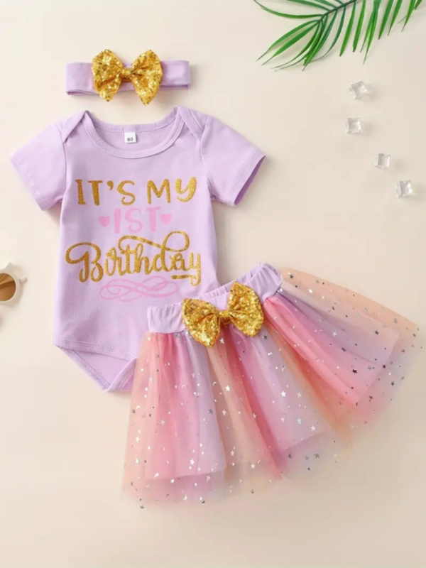3pcs Baby Girls Cute "It's My 1st Birthday" Graphic Short Sleeve Onesie Romper & Mesh Bowknot Skirt & Headband Set, Party Birthday Gifts, Kids Cotton Clothes