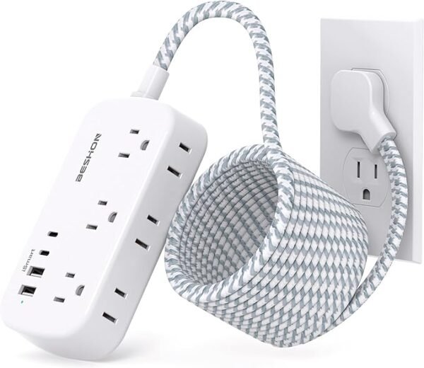Cable de extensión plano de 15 pies, regleta de alimentación de enchufe plano con USB C, cable de extensión de enchufe plano ultrafino, 6 salidas con 4 puertos USB (2 salidas USB C), sin protector de