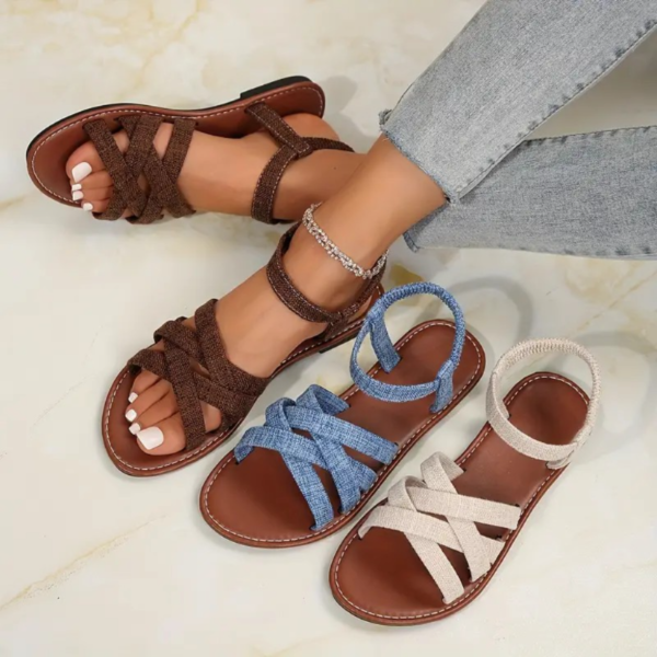 Womens Solid Color Flat Sandals - Comfortable Cross-Strap Beach Shoes - Lightweight, Durable Elastic Band for All-Day Summer Style - Image 2
