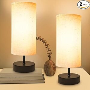 Lámpara pequeña para dormitorio, lámparas de noche para mesitas de noche, mini lámpara de mesa minimalista con pantalla redonda de tela de lino, lámpara de lectura de escritorio de 11.4