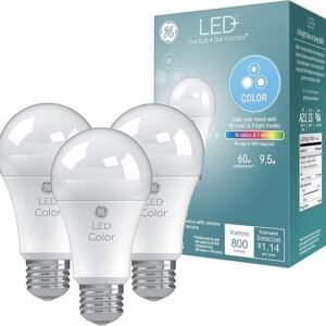 GE LED+ Bombillas LED A19 que cambian de color con control remoto, luz multicolor para interiores, 9.5 W (paquete de 3)
