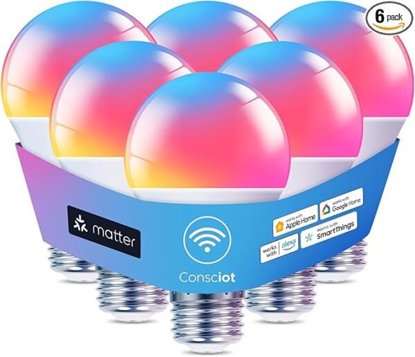 Consciot Bombillas inteligentes, bombilla LED WiFi Bluetooth que cambia de color, bombillas A19 E26 RGBTW que funcionan con Alexa/Google Home/Apple Home/Siri, sincronización de música, bombilla