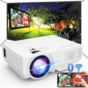 Proyector con WiFi y Bluetooth, proyector para exteriores actualizado 2024, mini proyector de películas compatible con pantalla de teléfono inteligente de sincronización de 1080P por cable WiFi/USB