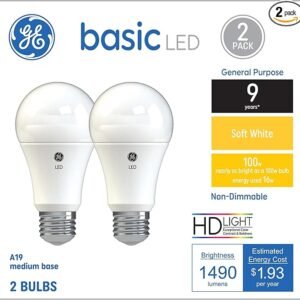 GE Bombillas LED básicas, 100 vatios, blanco suave, A19, base mediana (paquete de 2)