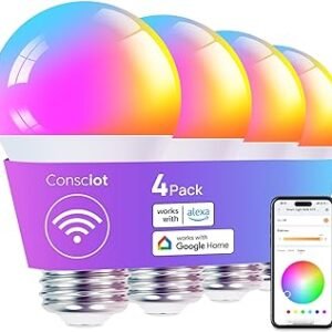 Consciot Bombillas inteligentes, bombilla WiFi que cambia de color, bombilla LED compatible con Alexa y Google Home, bombilla inteligente A19 E26 equivalente a 60 vatios, sincronización de música,