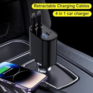 Cargador retráctil para automóvil, 4 en 1, cargador de coche de carga rápida de 60 W, 2 cables de carga retráctiles para iPhone y cargador USB para automóvil compatible con iPhone 15/14/13/12/11 Pro
