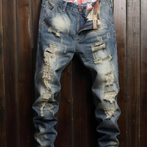 Men's Stylish Comfy Ripped Solid Denim Trousers With Pockets, Causal Breathable Slim-fit Jeans For City Walk Street Hanging Outdoor Activities