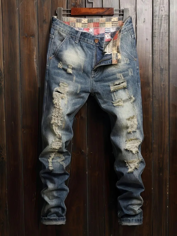 Men's Stylish Comfy Ripped Solid Denim Trousers With Pockets, Causal Breathable Slim-fit Jeans For City Walk Street Hanging Outdoor Activities