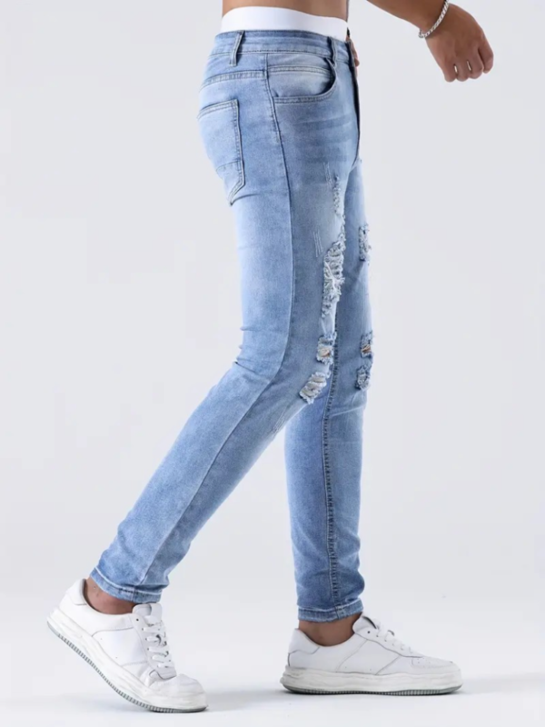 Premium Mens Ultra-Slim Ripped Jeans - Fashion-Forward Distressed Denim Pants with Medium Stretch for Casual Street Style - Image 3