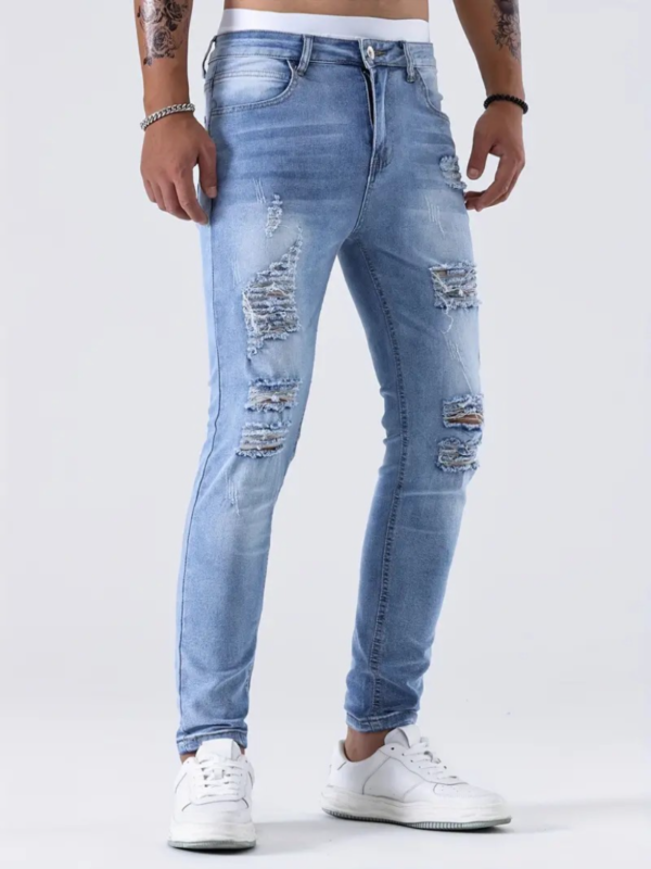 Premium Mens Ultra-Slim Ripped Jeans - Fashion-Forward Distressed Denim Pants with Medium Stretch for Casual Street Style - Image 2