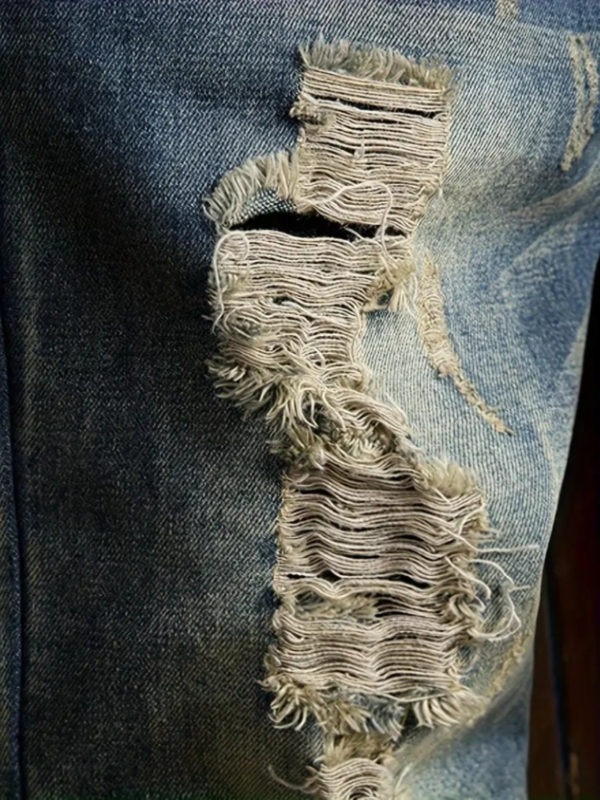 Men's Stylish Comfy Ripped Solid Denim Trousers With Pockets, Causal Breathable Slim-fit Jeans For City Walk Street Hanging Outdoor Activities - Image 2