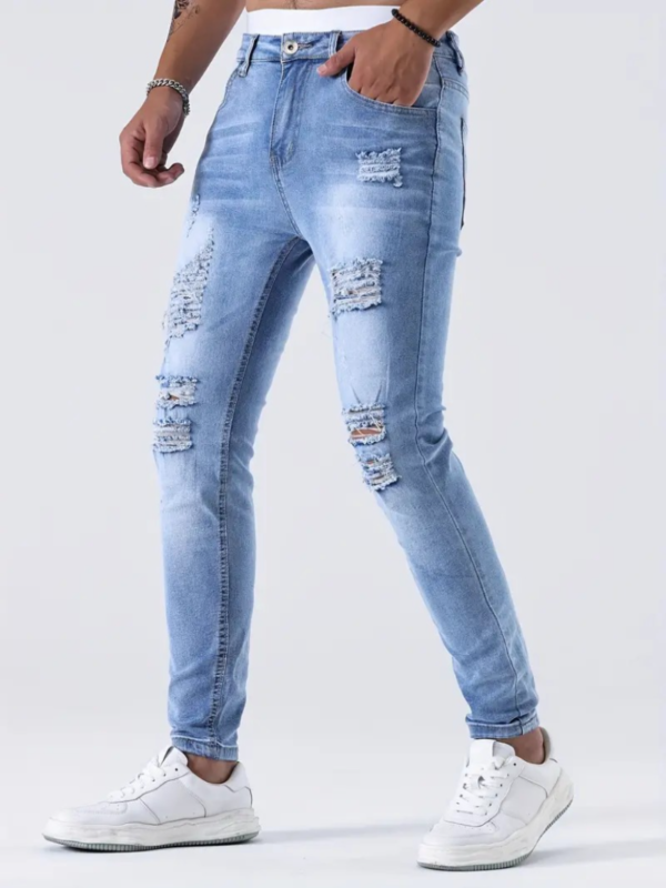 Premium Mens Ultra-Slim Ripped Jeans - Fashion-Forward Distressed Denim Pants with Medium Stretch for Casual Street Style - Image 4