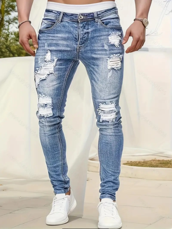 Premium Mens Ultra-Slim Ripped Jeans - Fashion-Forward Distressed Denim Pants with Medium Stretch for Casual Street Style