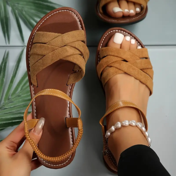 Womens Solid Color Flat Sandals - Comfortable Cross-Strap Beach Shoes - Lightweight, Durable Elastic Band for All-Day Summer Style - Image 4