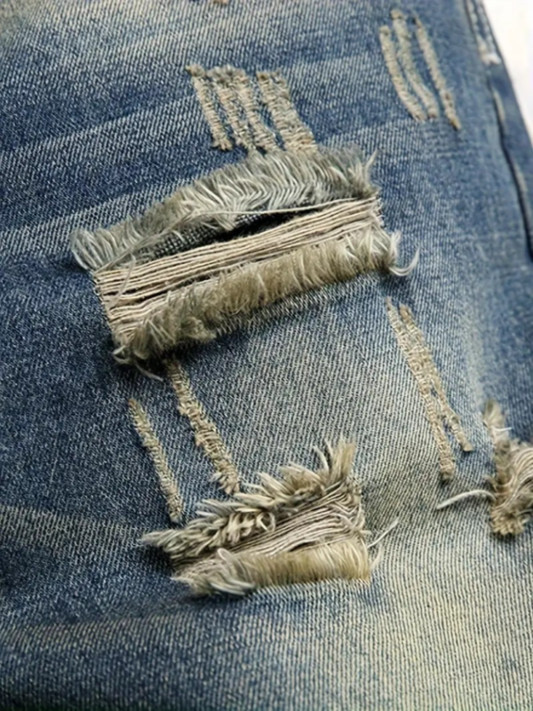 Men's Stylish Comfy Ripped Solid Denim Trousers With Pockets, Causal Breathable Slim-fit Jeans For City Walk Street Hanging Outdoor Activities - Image 3