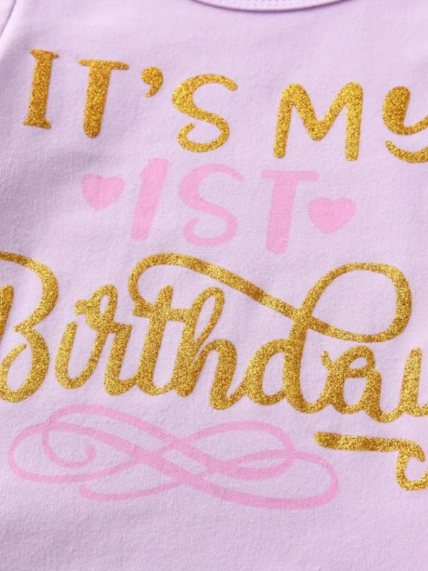 3pcs Baby Girls Cute "It's My 1st Birthday" Graphic Short Sleeve Onesie Romper & Mesh Bowknot Skirt & Headband Set, Party Birthday Gifts, Kids Cotton Clothes - Image 2
