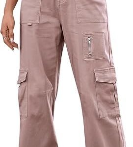 IVIR Pantalones cargo para mujer, cintura alta, pierna ancha, pantalones casuales con 7 bolsillos, cordón elástico, pantalones holgados Y2K
