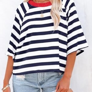 Dokotoo Tops para mujer, a rayas, a la moda, camisetas para mujer, diseño de bloqueo de color, camiseta básica suelta