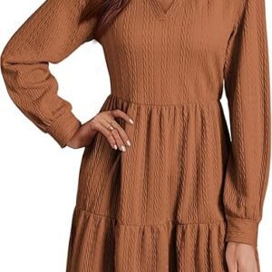Dokotoo Vestidos de mujer 2024 de manga larga con cuello en V texturizado, casual, escalonados, con volantes, acampanado, mini vestido babydoll