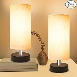 Lámpara pequeña para dormitorio, lámparas de noche para mesitas de noche, mini lámpara de mesa minimalista con pantalla redonda de tela de lino, lámpara de lectura de escritorio de 11.4