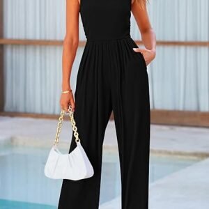 PRETTYGARDEN Overol de verano para mujer, estilo casual, de una pieza, sin mangas, cuello alto, pantalones de pierna ancha, con bolsillos