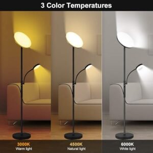 Dimunt Lámpara de pie LED para sala de estar, iluminación brillante, luz principal de 27 W/2000 lm y lámpara de lectura lateral de 7 W/350 lm, lámpara alta ajustable de 3 colores con control remoto