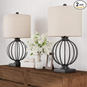Lavish Home Lámparas de mesa modernas, juego de 2 luces de jaula abiertas de hierro forjado con bombillas LED, estilo rústico de granja para sala de estar o dormitorio (negro)