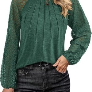 KIRUNDO Blusas de manga larga para mujer, blusas plisadas con cuello redondo y manga larga para el otoño, camisetas de trabajo