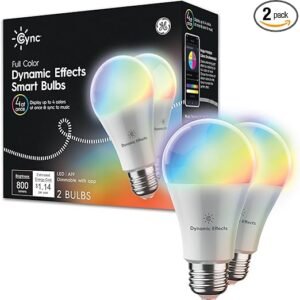 GE CYNC - Bombillas A19 con efectos dinámicos que cambian de color con sincronización de música, bombilla LED RGB, decoración de habitación, luz inteligente WiFi estética, funciona con Amazon Alexa