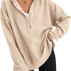 PRETTYGARDEN Sudadera con capucha de manga larga para mujer, de gran tamaño, con botones, cuello en V, abertura lateral, casual, sin botones