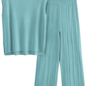 PRETTYGARDEN Conjuntos de 2 piezas para mujer, ropa de descanso de punto, tops altos y bajos y pantalones de pierna ancha, conjuntos de suéter casual