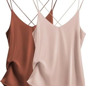 Ekouaer - Blusa de satén de seda con cuello en V, espalda cruzada y tirantes delgados, camisola, camiseta sin mangas