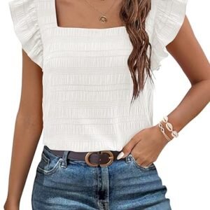 MEROKEETY Blusa de verano 2024 con manga casquillo con volantes, cuello cuadrado, texturizada, elegante, casual