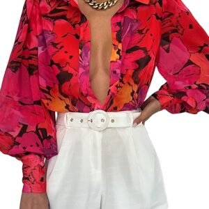 BTFBM Camisas de moda con botones para mujer, cuello en V, estampado bohemio, manga larga, blusas elegantes e informales para verano y primavera