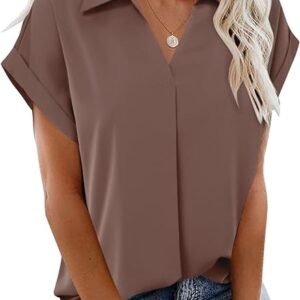 Gaharu Blusa de trabajo de verano para mujer, cuello en V, manga corta, con solapa, túnica