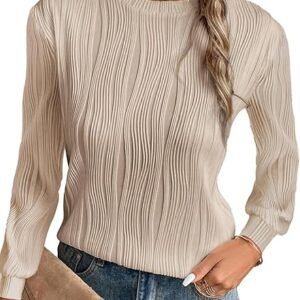 EVALESS Camisetas básicas de manga larga con cuello redondo para mujer, de moda, elegantes, casuales, holgadas, con textura, trajes