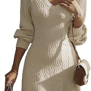 Dokotoo Vestidos de trabajo para mujer, vestidos de otoño de moda 2024, cuello en V, de punto, acampanado, de manga larga, vestido tipo suéter