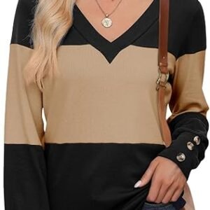 Camisetas de manga larga con cuello en V para mujer, estilo casual, holgadas, para otoño, 2024