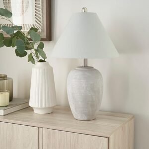 Nourison Lámpara de mesa de cerámica envejecida vintage de 23 pulgadas para dormitorio, sala de estar, mesa auxiliar, con pantalla imperio cónico gris