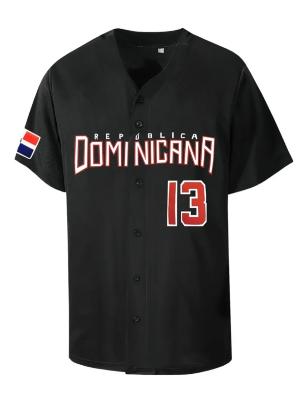 Mens Retro DOMINICANR V-neck Shirt - Vibrant Embroidered Logo, Short Sleeve, Loose Fit - Perfect Summer Baseball Style Jersey - Image 3
