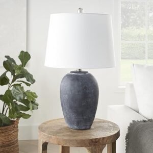 Nourison Lámpara de mesa de cerámica envejecida vintage de 23 pulgadas para dormitorio, sala de estar, mesa auxiliar, con pantalla de tambor cónica blanca